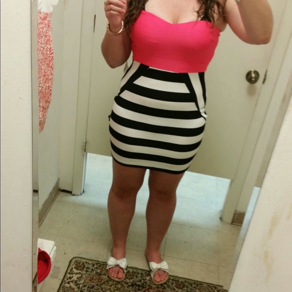 Pink w/ Black & White Stripes Strapless Dress